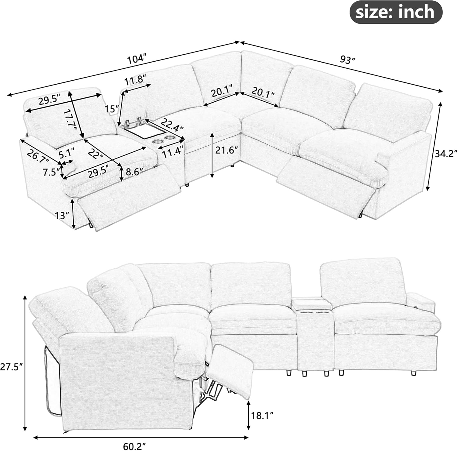 Merax 104'' L-shaped Power Recliner Sofa Couch, Modern Home Theater Reclining Sectional Corner Sofa with Storage Box, Cup Holders, USB Ports, and Power Socket for Living Room, Apartment, Dark Grey