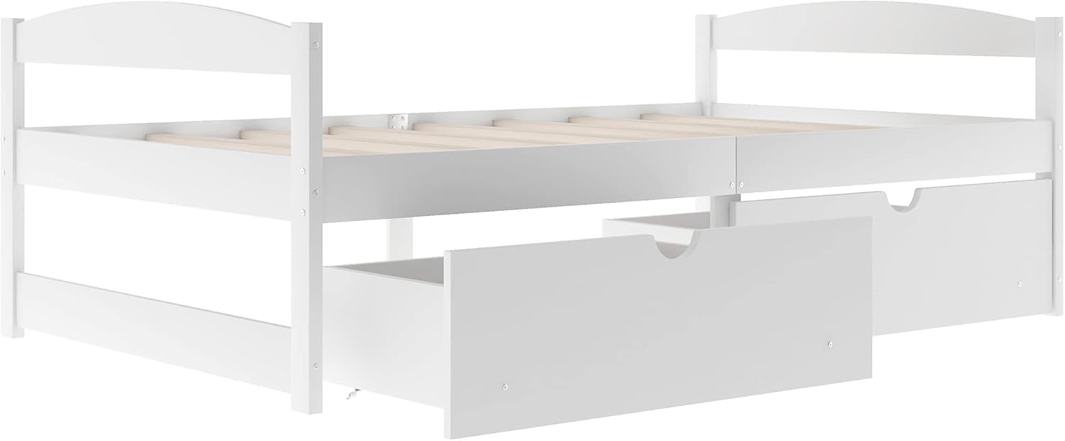 Twin Size Daybed with 2 Drawers, Wood Storage Bed Frame Twin Size Platform Bed Frame with Storage Solid Pinewood Bedframe with Drawers No Box Spring Needed White