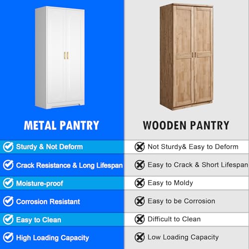 Metal Storage Cabinet with Doors and Shelves, 71 Inch Tall Kitchen Pantry Cabinet, Pantry Cabinets for Kitchen Storage, Freestanding Cupboard for Living, Dining Room, White, Assembly Required