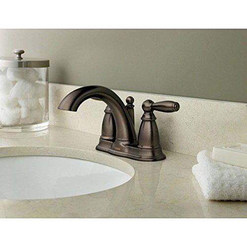 Moen Brantford Oil Rubbed Bronze Two-Handle Low Arc Centerset Bathroom Faucet with Drain Assembly, Bathroom Faucets for Sink 3-hole, 4-inch Wide Standard Setup, 6610ORB