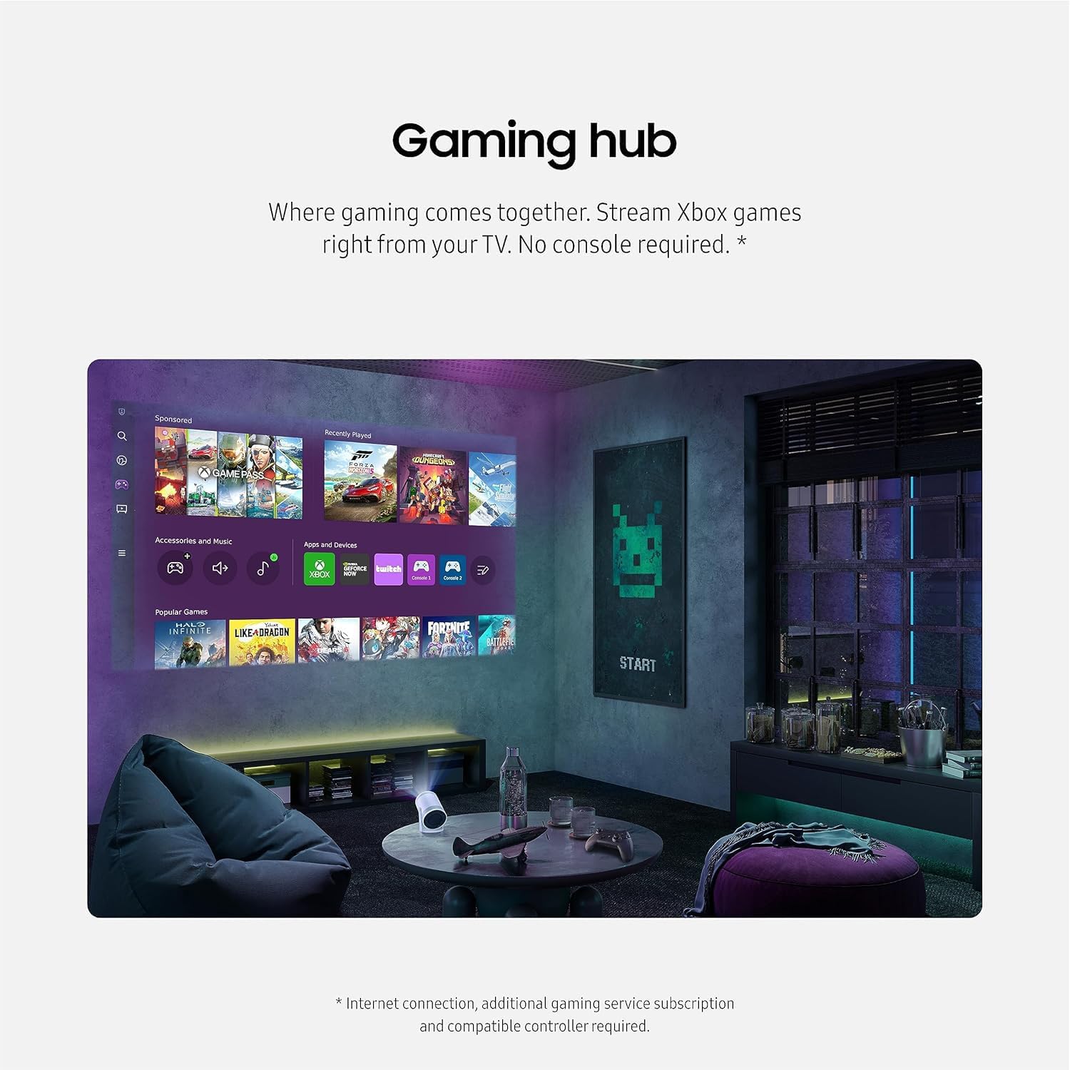 Samsung SP-LFF3CLAXXZA The Freestyle Projector 2nd Gen with Gaming Hub Bundle with Backpack for Mirrorless and DSLR Cameras + 6 Feet Micro-HDMI to HDMI A/V Cable + 2 Year CPS Enhanced Protection Pack