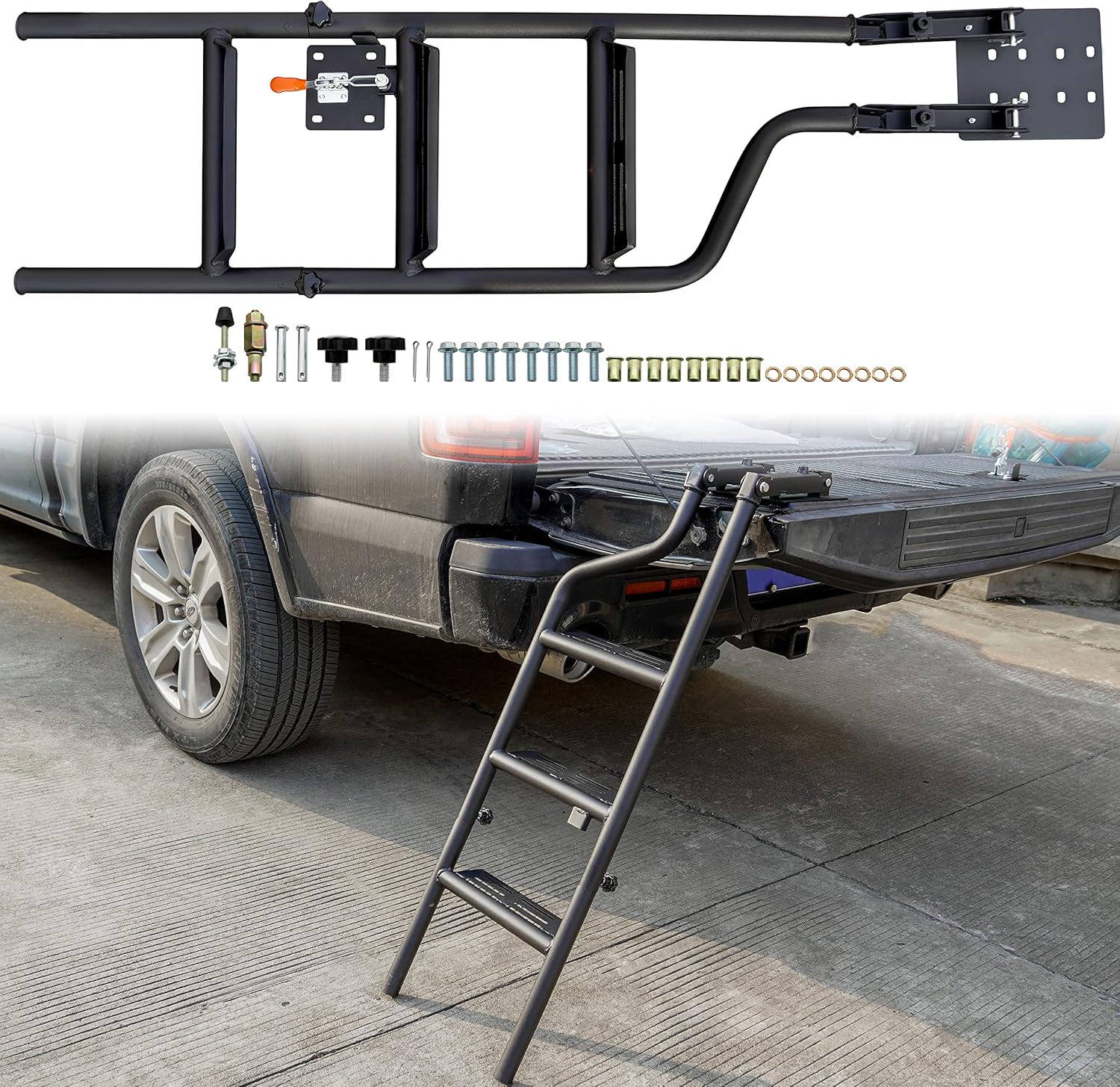 POKIAUTO Universal 42" Foldable Pickup Truck Tailgate Ladder, Heavy Duty Folding Tailgate Step Ladder with Lock Device Universal Fit for Pickup Truck (F150, RAM 1500 etc.) Accessories