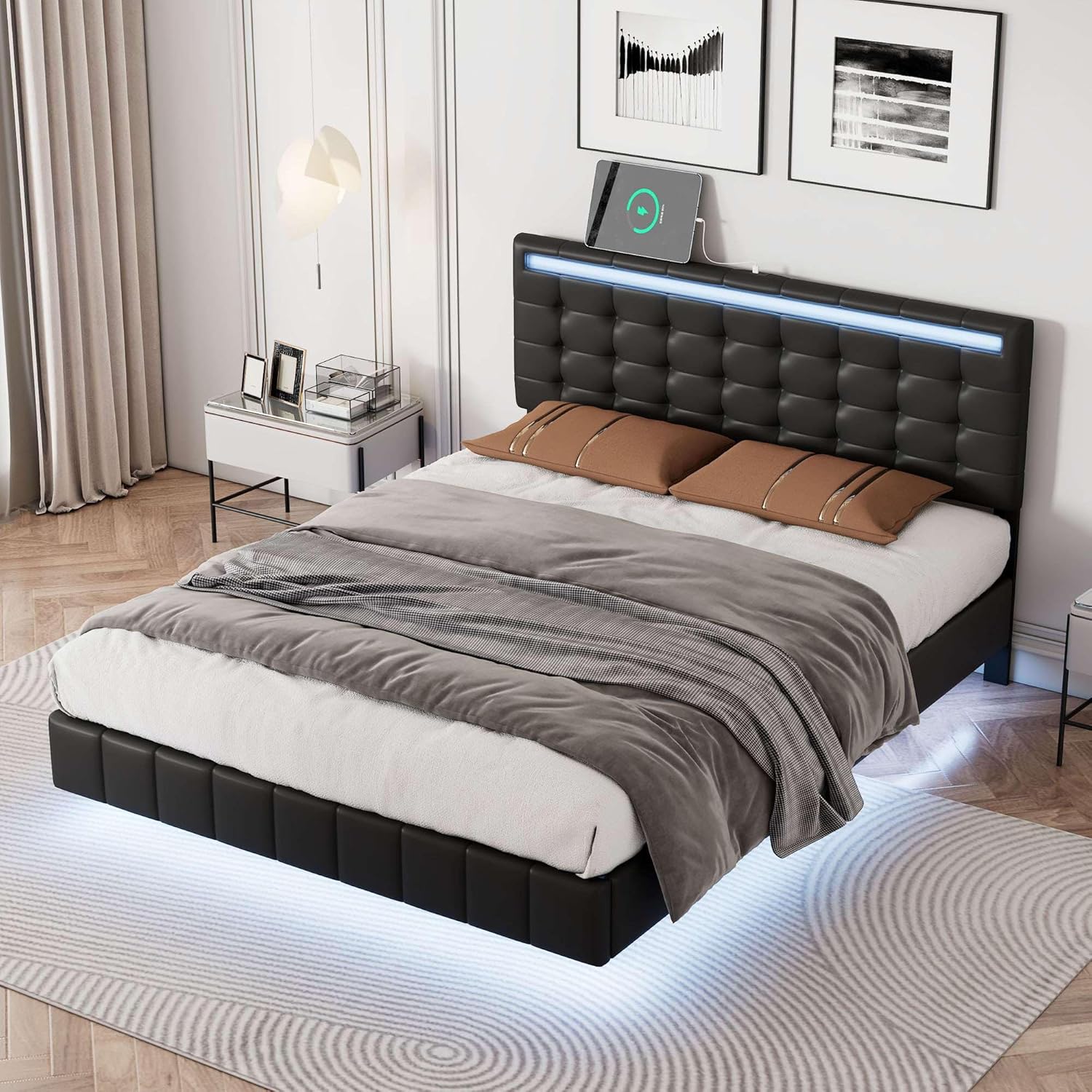 Modern Full Size Floating Bed Frame with LED Lights, USB Charging, and Upholstered Platform - Sleek Black Design for Contemporary Bedrooms (Full)
