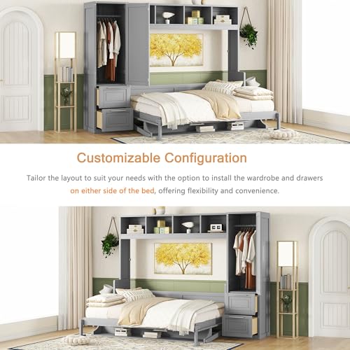 Linique Full Size Murphy Cabinet Storage Wall Bed with Closet and Drawers and Built-in Top Shelf,Hide a Bed on a Wardrobe Space Saving Design,Gray
