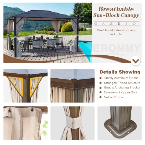 EROMMY 10' x 12' Hardtop Gazebo, Aluminum Frame Gazebos with Galvanized Steel Double Roof, Permanent Outdoor Metal Pavilion with Curtain and Netting for Patio, Lawn, Deck