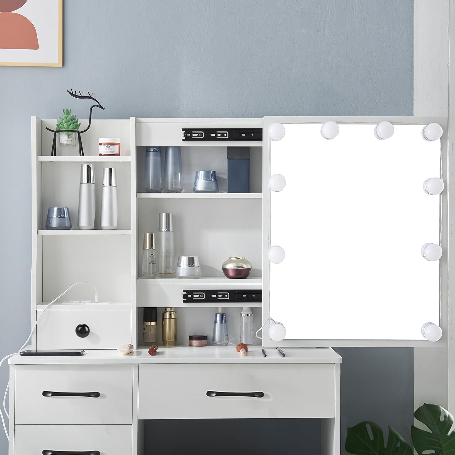Makeup Vanity Set with 6 Drawers and Lighted Mirror, Multifunctional Table Vanity with 6 Cabinets and Brightness Adjustable, Dressing Cosmetic Desk with Chair for Girls