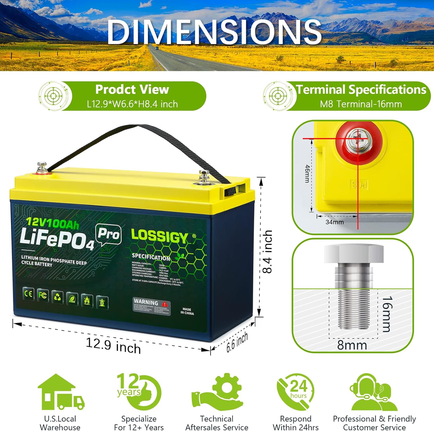 LOSSIGY LiFePO4 Battery 12V 200Ah Deep Cycle Lithium Ion Battery, Built-in 100A BMS, 4000+ Cycles, 280Amp Max, Perfectly replace all RV, Solar systems, Marine Batteries Application, Maintenance-Free