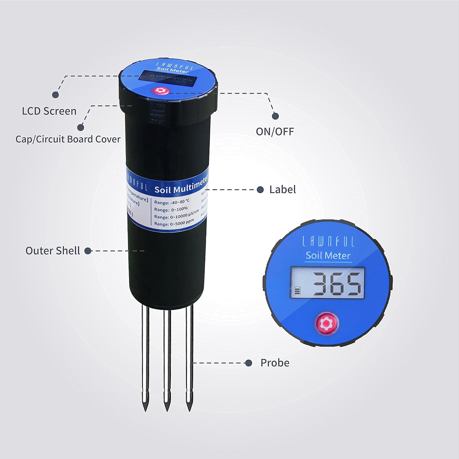 LAWNFUL 4-Way Soil Water Meter for Moisture/TDS/Conductivity/Temperature Test, 4-in 1 Tester with LCD Display for Soil and Water Plant (Work as Moisture & EC & TDS Meter & Thermometer) Pack of 2