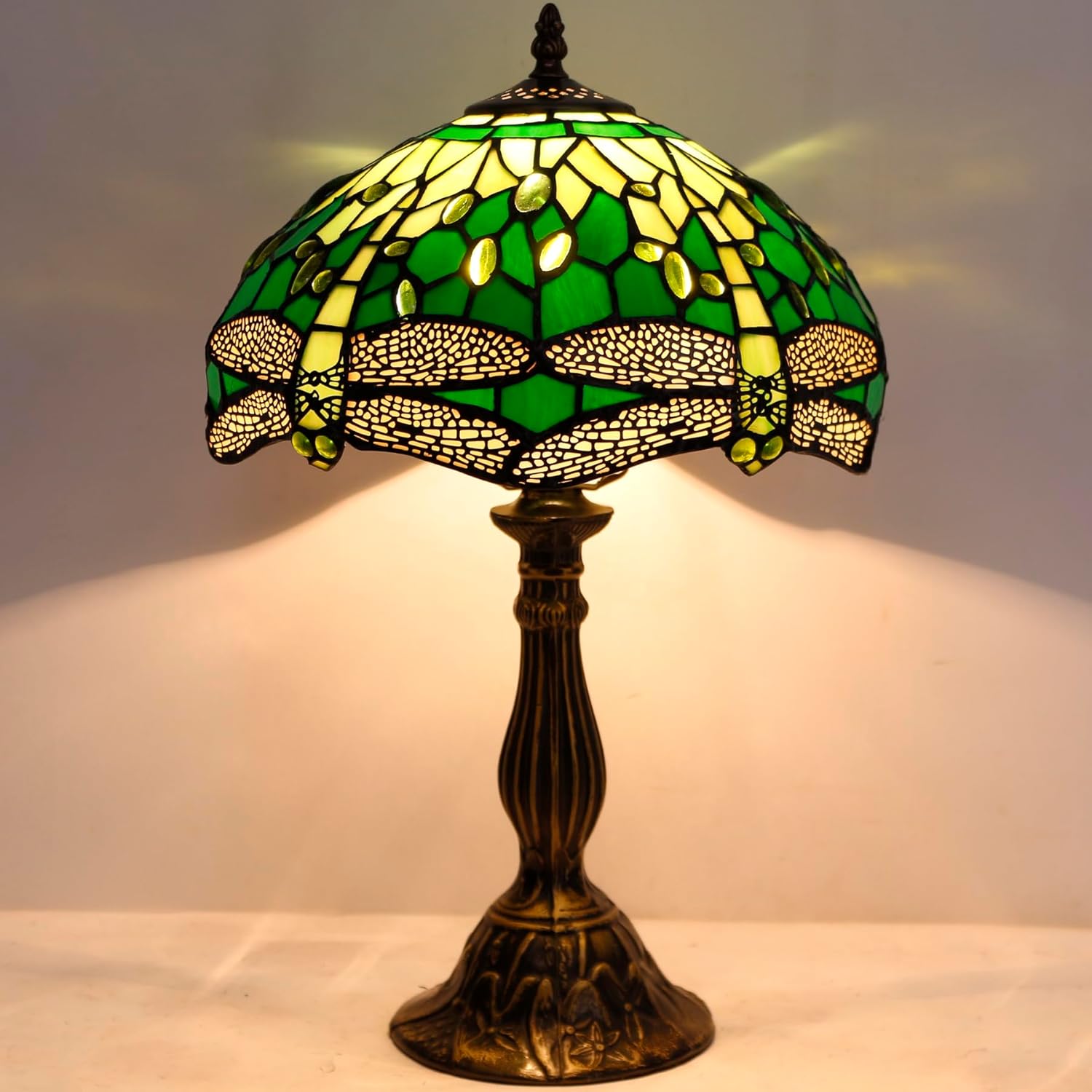 WERFACTORY Tiffany Lamp Green Stained Glass Bedside Table Lamp Dragonfly Style Desk Reading Light 12X12X18 Inches Decor Bedroom Living Room Home Office S459 Series