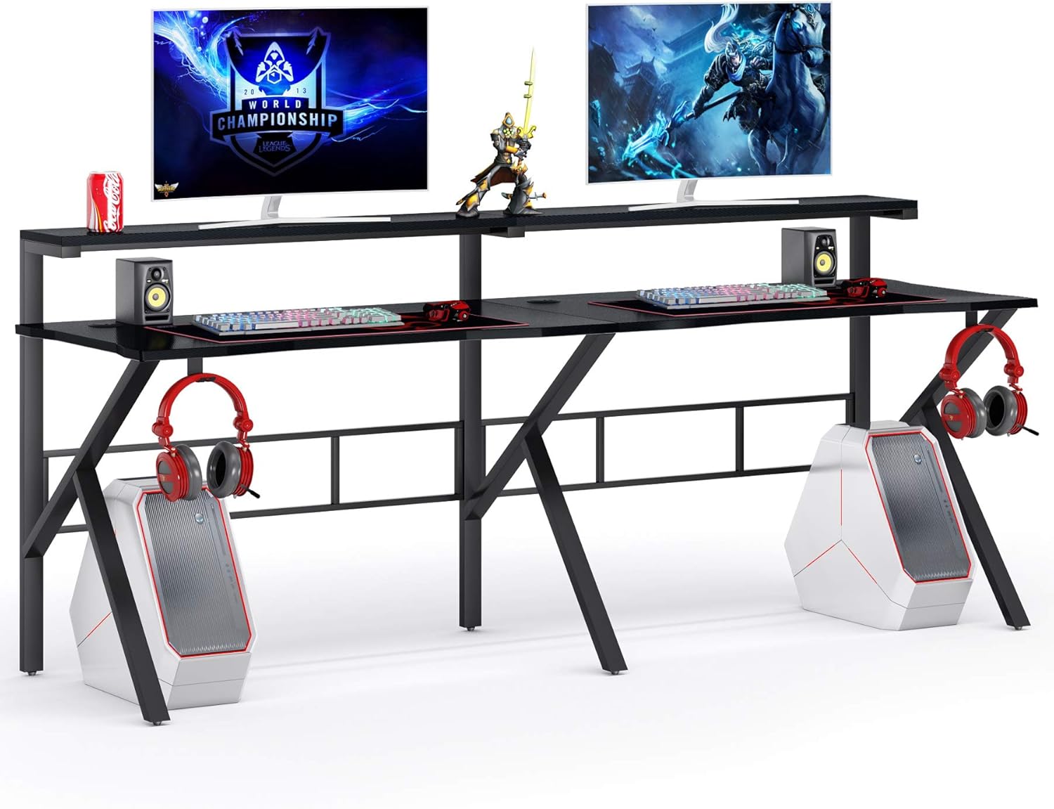 Tribesigns Two Person Gaming Desk with Hutch Monitor Shelf, 78 inches Double Computer Desk with Headphone Hooks, Extra Long K -Shaped Home Office PC Table Gamer Workstation,Textured Carbon Fiber,