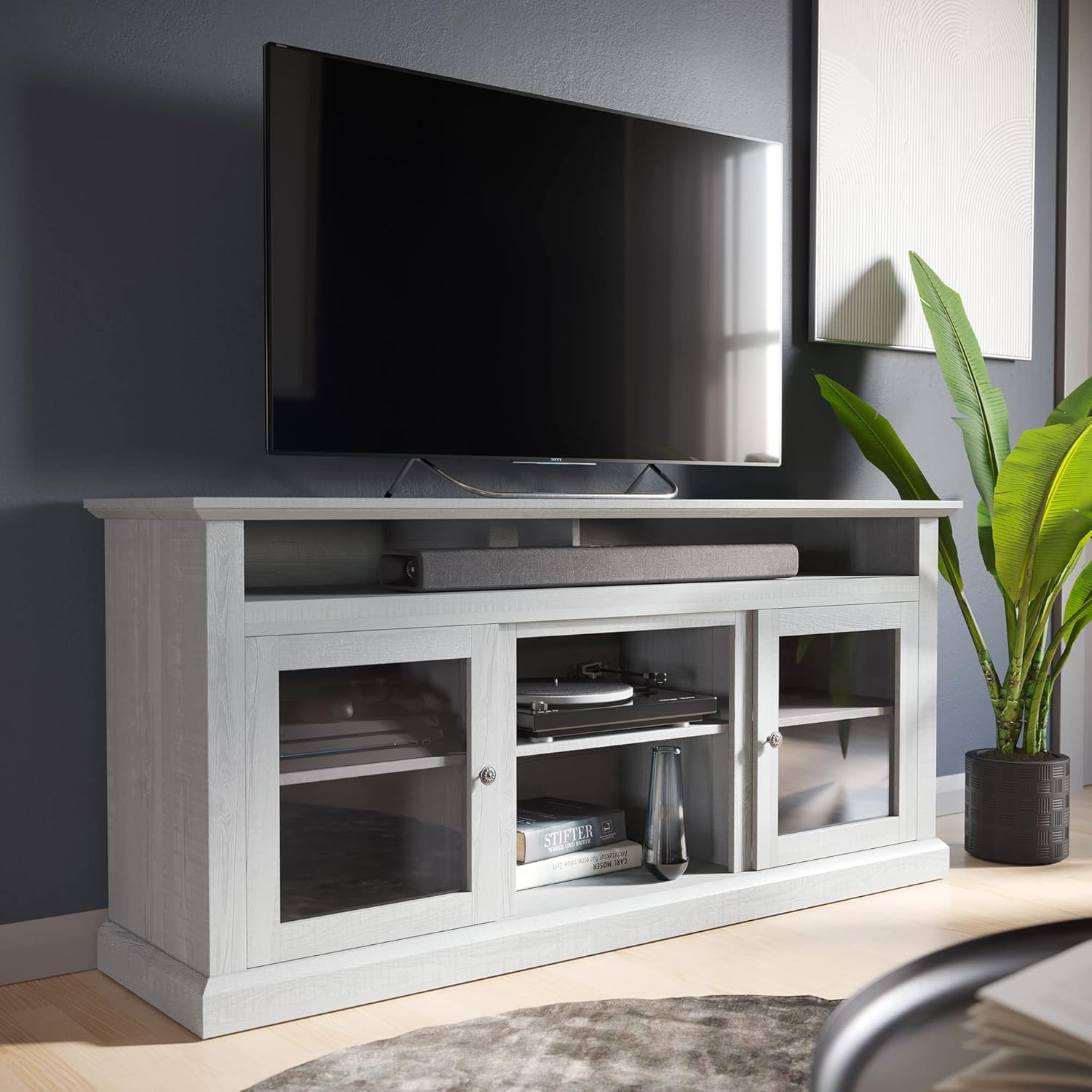 BELLEZE Modern 60 Inch Traditional Electric Fireplace TV Stand & Media Entertainment Center Console Table for TVs up to 65 Inches with Open Storage Shelves & Cabinets - Cayman (Light Gray)