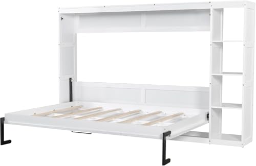 Full Murphy Bed with Storage Shelves,Wood Murphy Bed Cabinet with Storage Bookcase,Fold Up Bed Modern Murphy Wall Bed Full Size (White,Full)