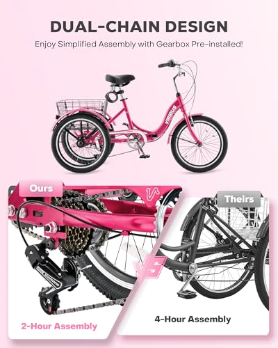 Viribus Folding Adult Tricycle 7 Speed, 20 inch Folding Tricycle for Adults with Dual Chain, 3 Wheel Bike with Lock, Foldable Trike Collapsible Three Wheel Bike Women Senior, 330lb. Deep Pink