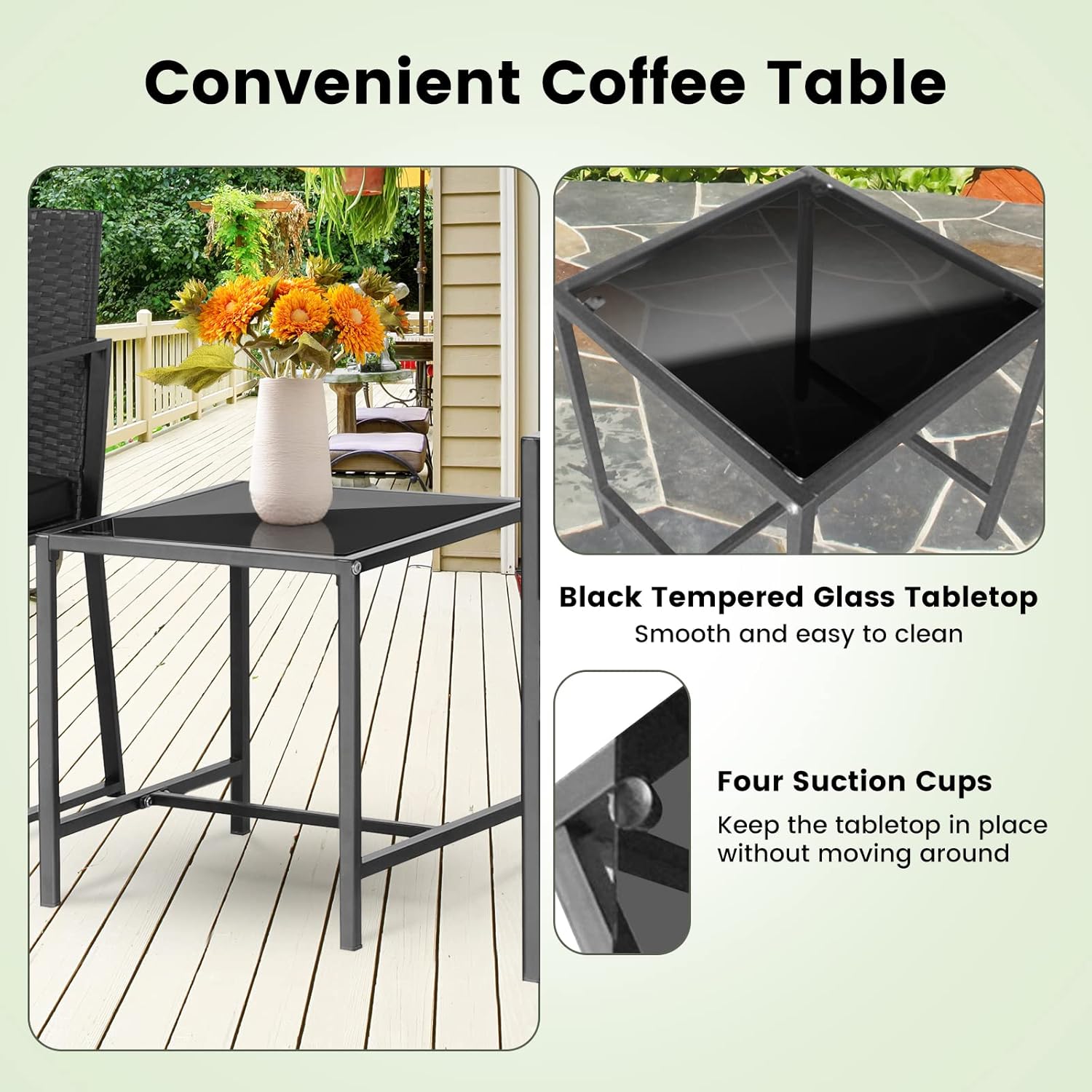 COSTWAY 3pcs Patio Furniture Set Heavy Duty Cushioned Wicker Rattan Chairs Table Outdoor Black