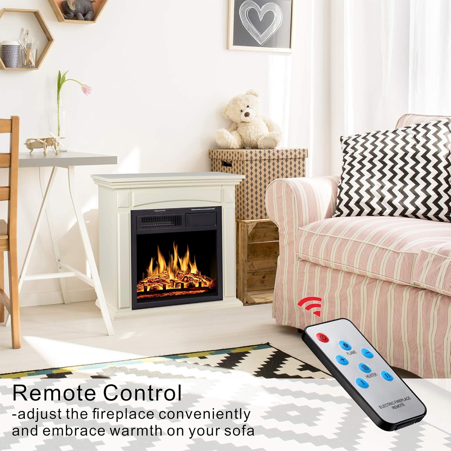 JAMFLY 26’’ Mantel Electric Fireplace Heater Small Freestanding Infrared Quartz Fireplace Stove Heater w/Log Hearth& Wood Surround Firebox, Adjustable Led Flame, Remote Control,750W-1500W, (White)…