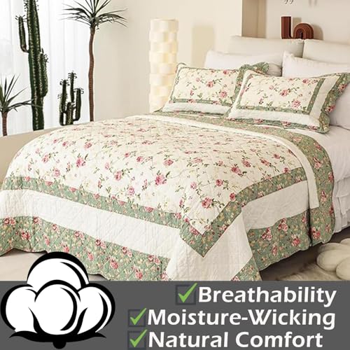 Brandream Pink Rose Floral Patchwork Quilts Cotton Queen Size Quilted Comforter Set Rustic Country Coverlet Bedspread Set 3-Piece