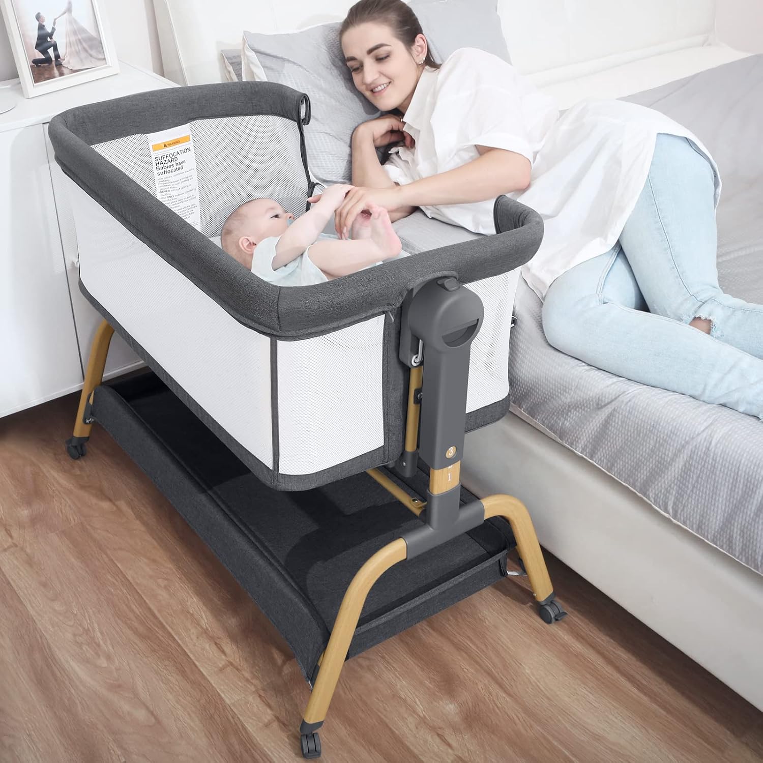 3 in 1 Baby Bassinet, Bedside Bassinet for Baby, Rocking bassinet with Storage Basket and Wheels, Adjustable Height Bassinet Bedside Sleeper, Easy Folding Portable Crib for Newborn