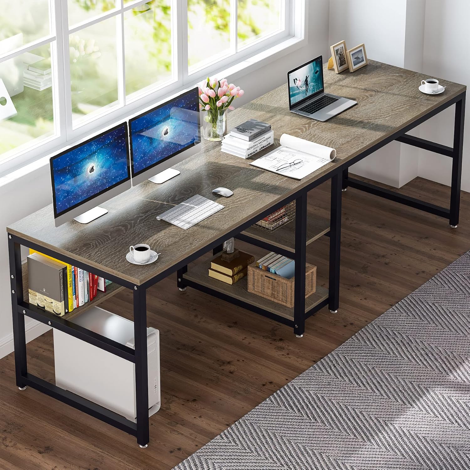 78.7" Two Person Desk with Bookshelf, Large Computer Office Double Desk for Two Person, Industrial Study Writing Table Workstation with Shelves for Home Office