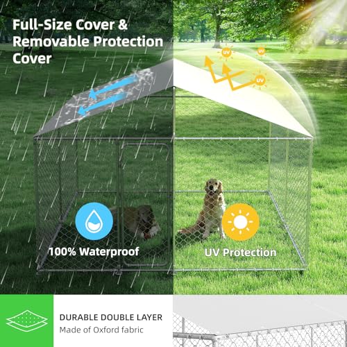 7.8x7.8 FT Extra Large Outdoor Dog Kennel Outside, Heavy Duty Dog Enclosure with Waterproof Cover and Security Lock, Galvanized Chain Link Dog Cage for Large Dogs