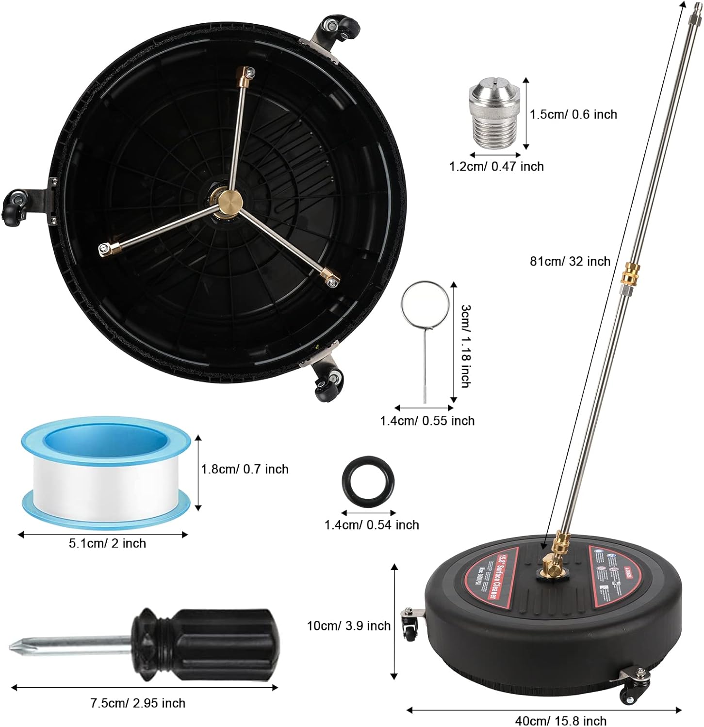 15.8'' Pressure Washer Surface Cleaner, 3600 PSI Plastic Power Surface Cleaner with 3 Wheels, 2 Extension Wands, 1/4" Quick Connection, Watertight Tape, Storage bag - for Cleaning Driveway Sidewalk