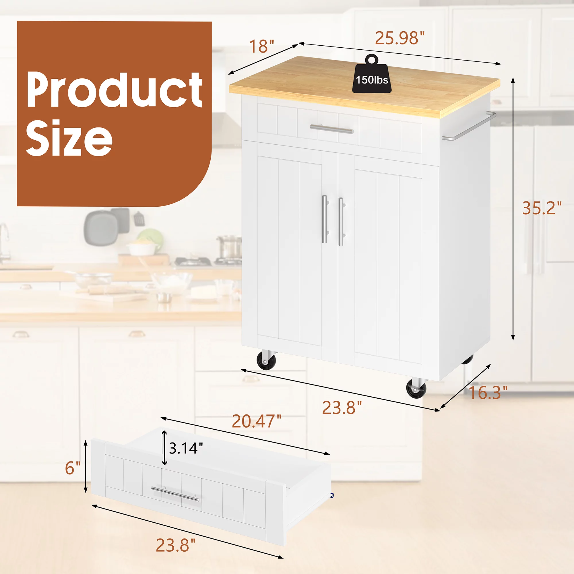 Walsunny Kitchen Island on Wheels with Storage, Kitchen Cart with Drawer and Countertop, 2 Doors Storage Cabinet for Dining Room Living Room, White