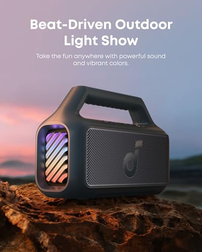 soundcore Boom 2 By Anker, Outdoor Speaker, 80W, Subwoofer, BassUp 2.0, 24H Playtime, IPX7 Waterproof, Floatable, RGB Lights, USB-C, Custom EQ, Bluetooth 5.3, Portable for Camping, Beach, and Backyard