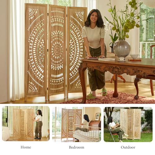 Room Divider Wood Carved Wall Divider Indoor Folding Bohemian Style Portable Partition Screen for Home Office Garden Terrace - 6 Panels (Antique, White-Washed)