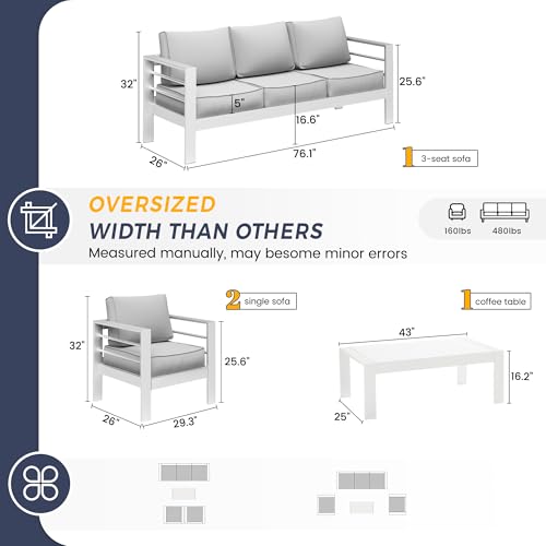 UDPATIO 8 Piece Aluminum Patio Furniture Set, Oversized Modern Outdoor Furniture Set with Olefin Fabric Cushion for Patio Deck Backyard, Dark Grey(with Waterproof Covers)