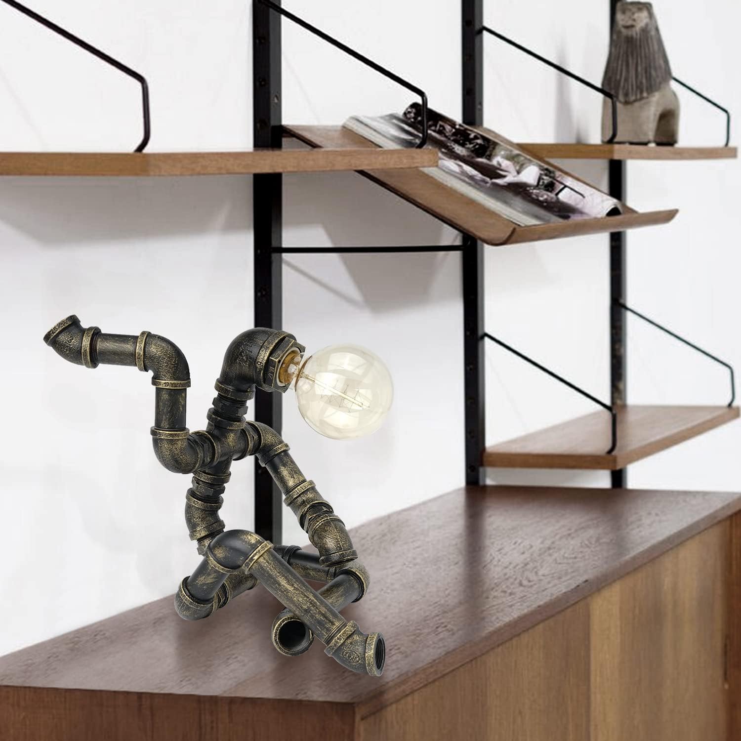 Industrial Robot Lamp Steampunk Table Lamp, Bronze Iron Pipe lamp with Button Switch, Unique Design Retro Decoration Collection for Bedroom Nightstand Bathroom Restaurant Cafe Bar