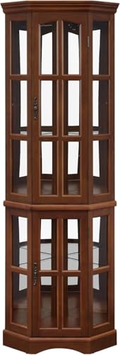 Lighted Corner Curio Cabinet Glass Display Case with 4 Adjustable Shelves, Mirrored Back Panel and 4 Tempered Doors, for Living Room Bedroom Office, 23.75"×11.75"×70", Cherry