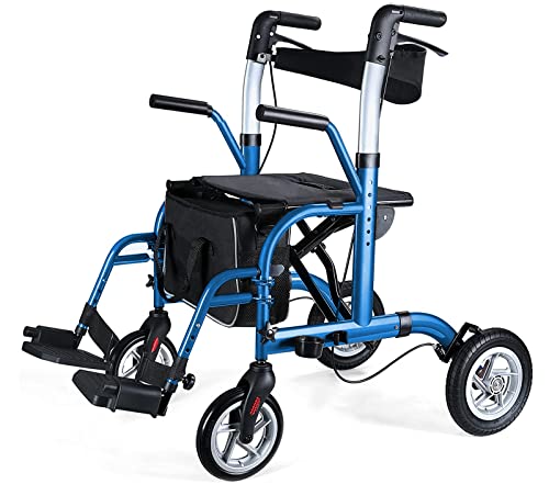 2 in 1 Rollator Walker for Seniors-Medical Walker with Seat,Folding Transport Wheelchair Rollator with 10" Big PU Rear Wheels,Reversible Soft Backrest and Detachable Footrests Blue