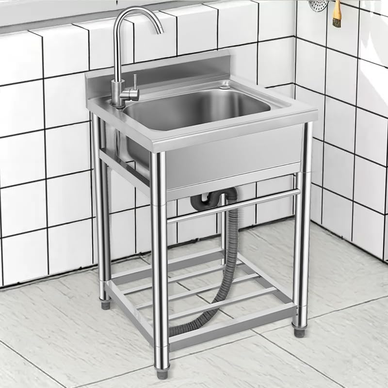 Stainless Steel Utility Sink - Single Bowl, Free Standing, Indoor/Outdoor, 21.7" with Cold & Hot Water Faucet