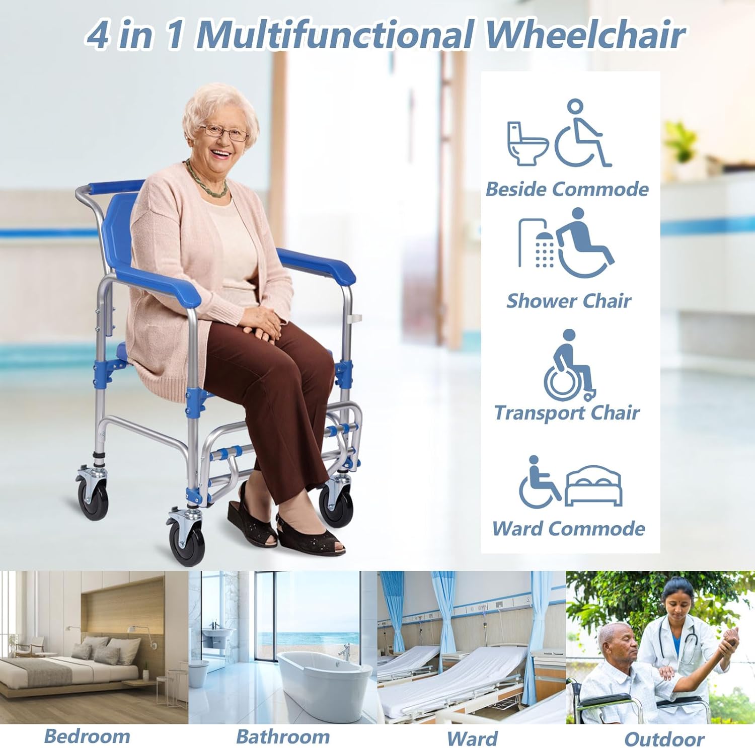 Shower Chair with Wheels 3 in 1 Commode Chair for Toilet with Arms Waterproof Rolling Transport Chair Bedside Commode for Seniors and Disabled, Weight Capacity 350lbs