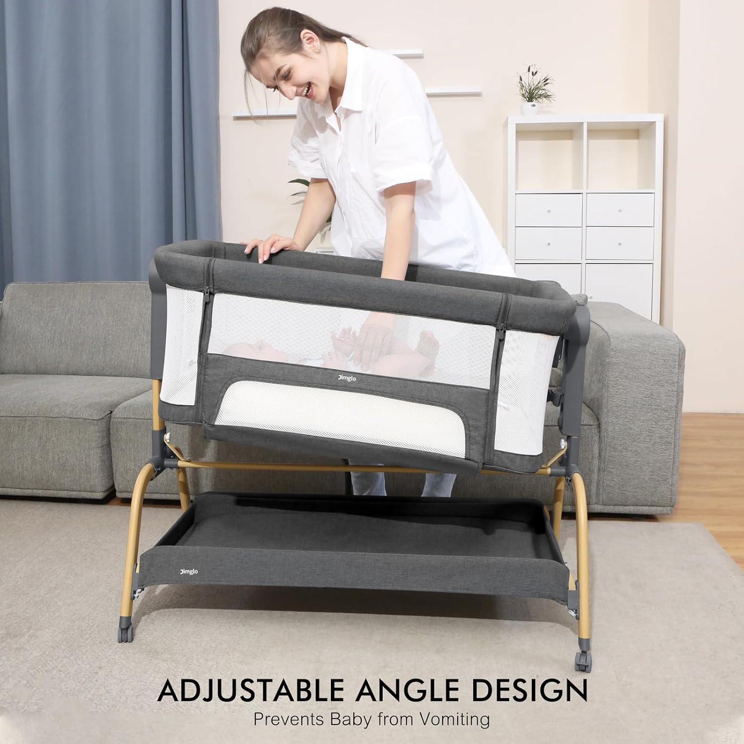 3 in 1 Baby Bassinet, Bedside Bassinet for Baby, Rocking bassinet with Storage Basket and Wheels, Adjustable Height Bassinet Bedside Sleeper, Easy Folding Portable Crib for Newborn