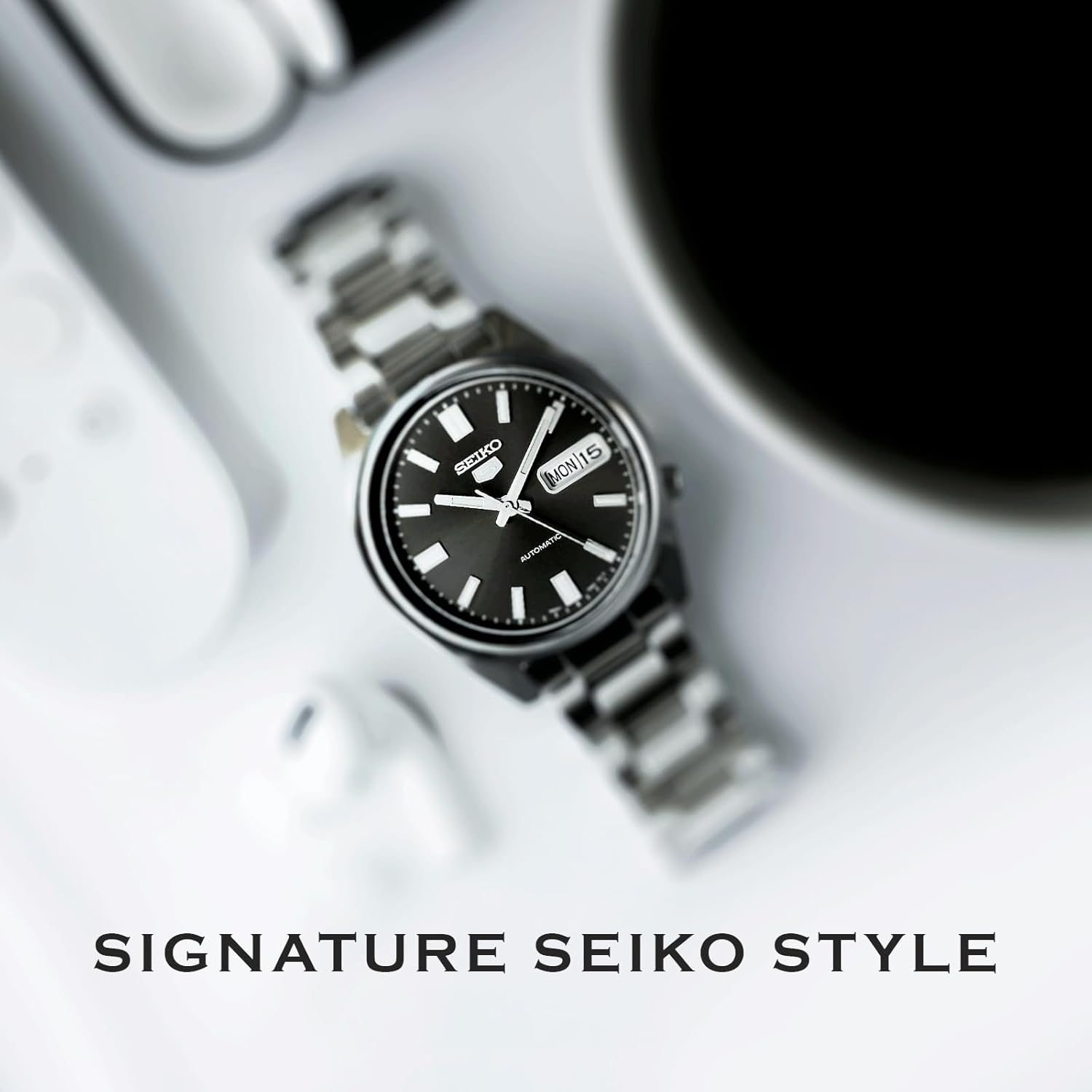 SEIKO SNXS79 Automatic Watch for Men 5-7S Collection - Black Dial on Silver with Luminous Hands, Day/Date Calendar, Stainless Steel Case & Bracelet