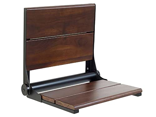 Teak Shower Seat - Type 304 Stainless Steel/Contoured 1" Natural Wood Slats/ADA Folding Wall Mount Bench/Matte Black / 18" x 16"
