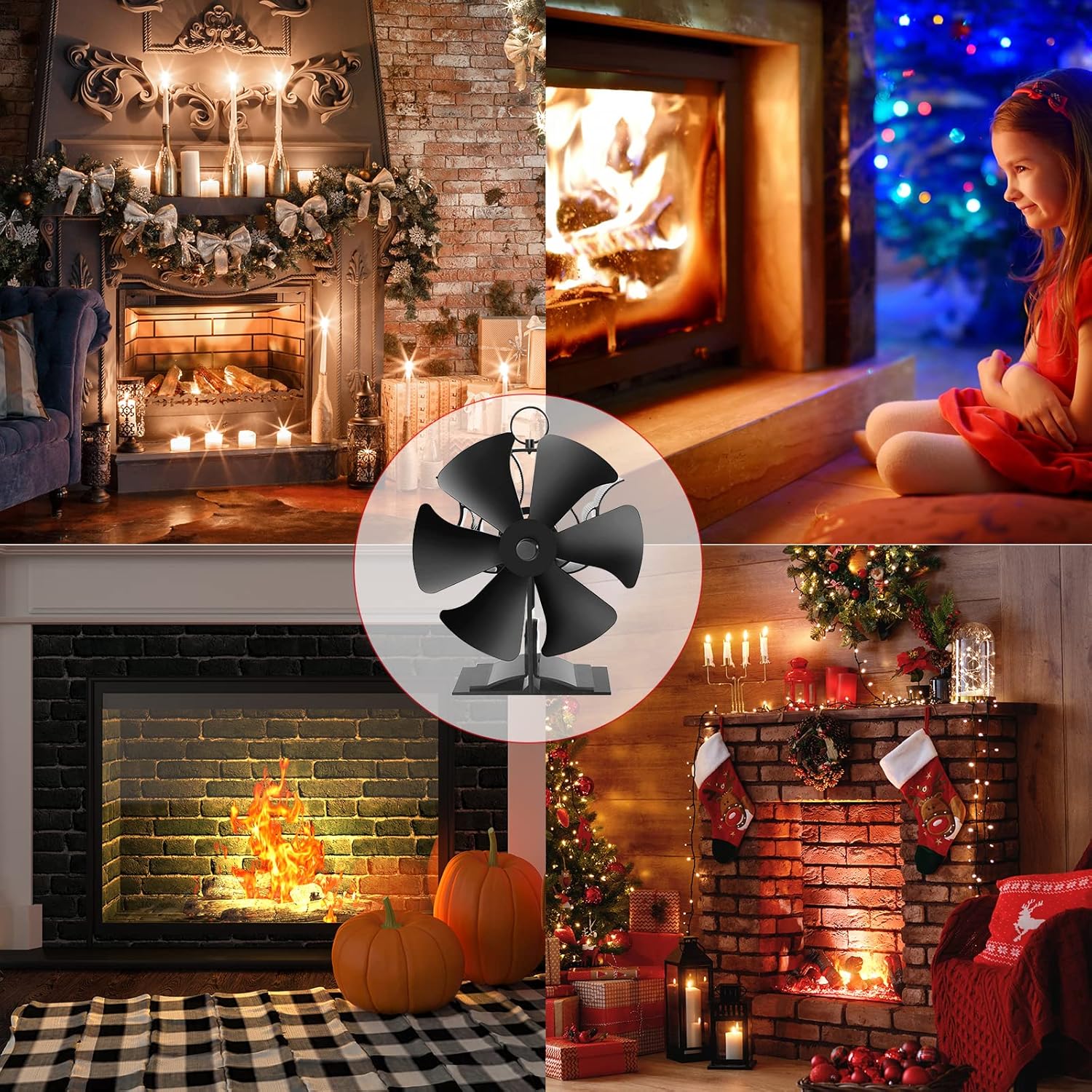 QUECAOCF 6 Blades Flue Pipe Stove Fan Fireplace Stove Fan with Thermometer Strip, Wood Burning Heat Powered Stove Fan for Wood/Log Burner/Fireplace, Eco Friendly and Efficient Heat Distribution Pack of 2