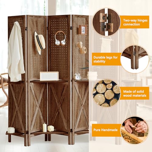 4 Panel Pegboard Display with 16 Hooks, Wooden Pegboard Room Divider Wall with Shelf, Rustic Room Dividers and Folding Privacy Screens, Bedroom, Jewelry Store, Brown