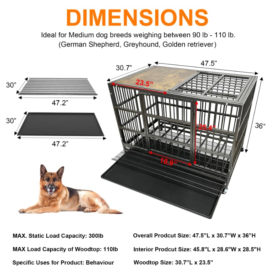 54/48/42/38 inch Heavy Duty Indestructible and Escape-Proof Dog Crate Cage Kennel for Large Dogs, High Anxiety Dog Crate with Removable Wire Trays and Wheels, Extra Large XL XXL