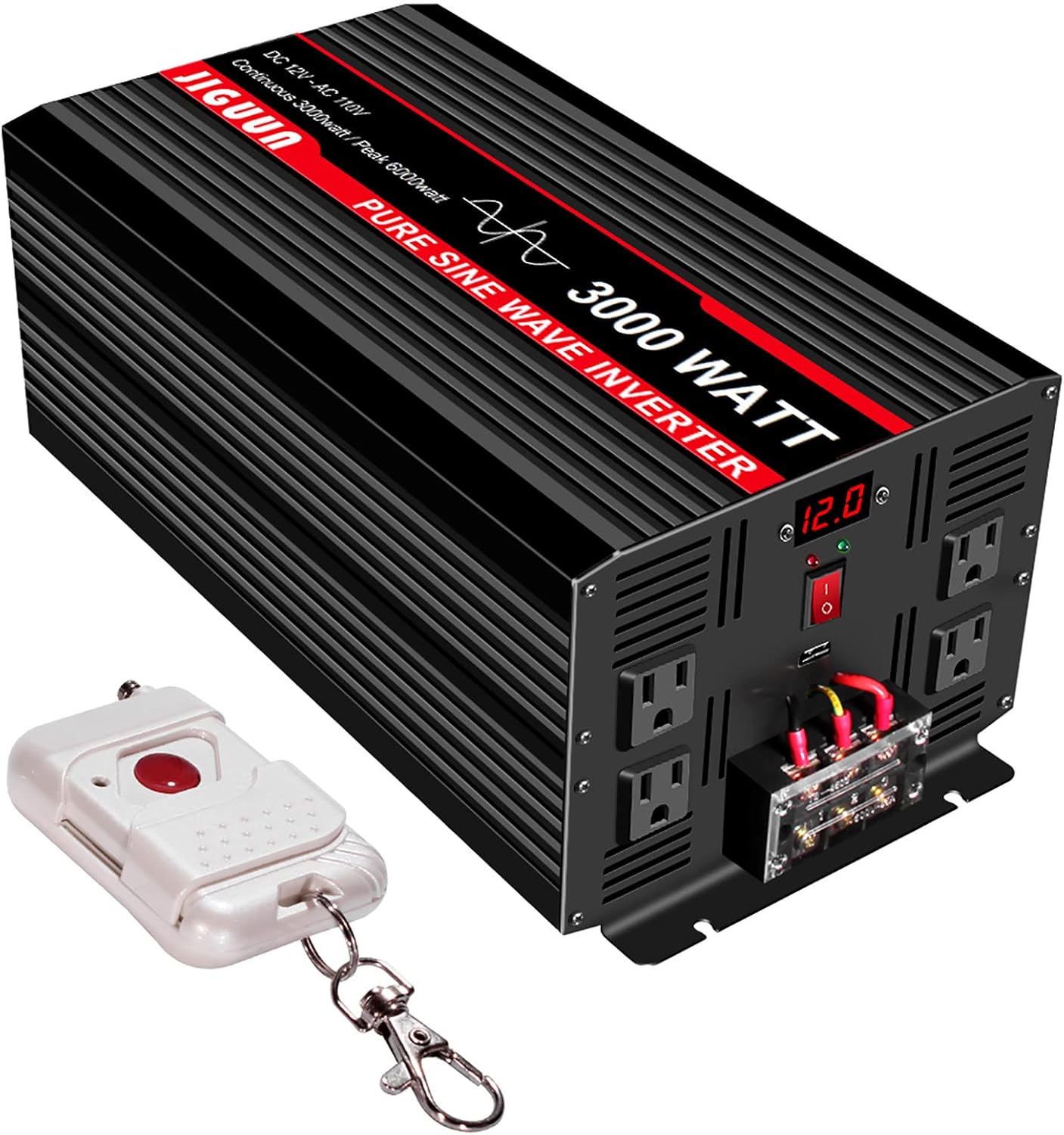 JIGUUN 3000 Watt/6000 Watt Pure Sine Wave Inverter, Power Converter 12V DC to 110v/120v AC, Car Inverter with 4 AC Outlets&USB Port 170ft Wireless Remote Control for RV Camping Truck(3000W-12V)