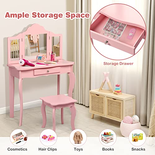 HONEY JOY Kids Vanity Set with Mirror, 2-in-1 Wooden Toddler Vanity Table with Stool, Tri-Folding Mirror & Drawer, Removable Top, Princess Pretend Play Beauty Makeup Vanity for Little Girls (White)
