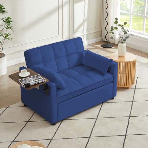 3 in 1 Sleeper Sofa Bed,47" Velvet Futon Tufted Pull Out Couch Bed,2 Seater Loveseat Chaise Lounge with Reclining Adjustable Backrest&Table for Living Room,Apartment,Office,Small Space(Beige)