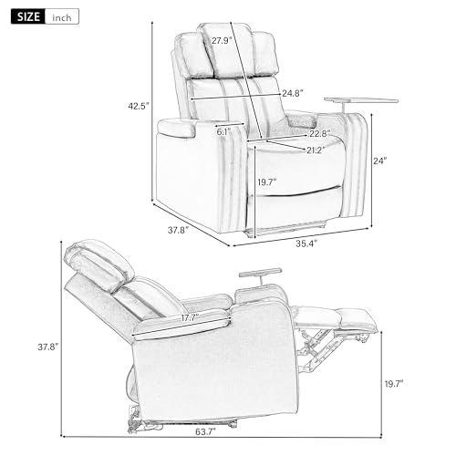 PU Electric Recliner Chair with Cooling Cup Holder Bluetooth Speaker LED Lights USB Ports Tray Table and Arm Storage Theater Seating for Home (Black)