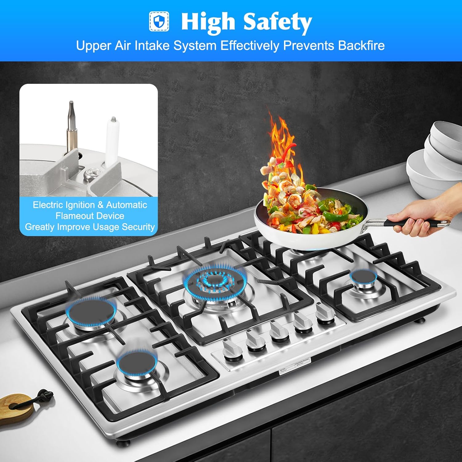 Gas Cooktop 34 inch 5 Burners, Built-in Gas Stove Top Five Different Powered Burners, NG/LPG Convertible Dual Fuel Automatic Flame Failure Protection Device Fully Enclosed Stainless Steel Panel.