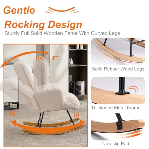 Rocking Chair Nursery, Teddy Upholstered Glider Rocker with High Backrest, Reading Chair Modern Rocking Accent Chairs,Glider Chair with Ottoman for Bedroom, Nursing, Living Room(White)