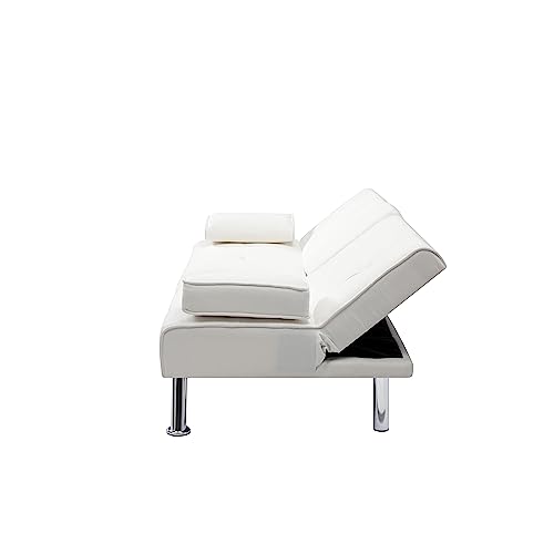 Synthetic Leather Cushion Modern Convertible futon, Adjustable Folding Sofa Bed, Guest Room Bed with Detachable armrests, Two Cup Holders, Metal Legs (Polyester Blend, Beige)