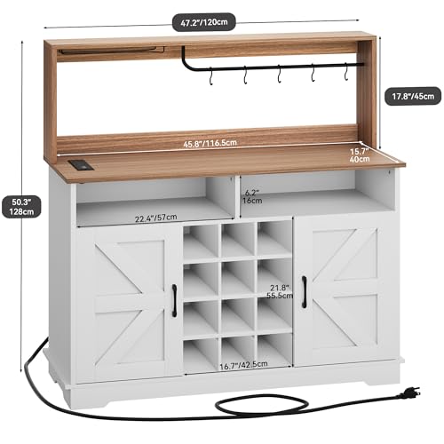 YITAHOME 47" Farmhouse Buffet Cabinet with Storage, Coffee Bar Cabinet with Power Outlet & Goblet Holder, Sideboard Cabinet for Kitchen, Living Room (Black Oak)