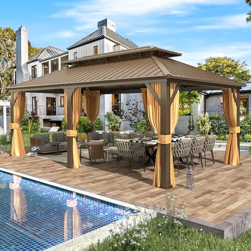 EROMMY 14'x20' Hardtop Gazebo Double Roof Galvanized Steel Canopy Outdoor Aluminum Frame Permanent Metal Pavilion with Netting and Curtains for Patio Backyard Deck and Lawns