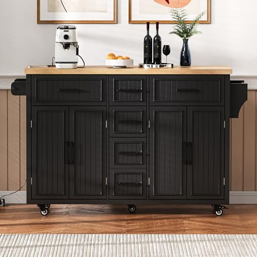 56.5" Rolling Kitchen Island with Storage on Wheels, Kitchen Cart with Drop Leaf & Power Outlet, Portable Island Table with 4 Doors, 5 Drawers, Spice Rack and Towel Bar for Dinning Room, Black