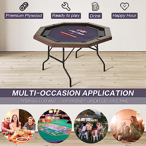 RayChee Poker Table Foldable, 8 Player Octagonal Folding Portable Texas Holdem Table with Water-Resistant Cushioned Rail, 8 Stainless Steel Cup Holders, Casino-Grade Felt Surface (48inch, Black)